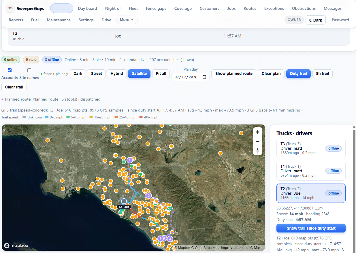 Live GPS duty trail and planned HOA sweeping route on Sweeper Guys dispatch map Orange County