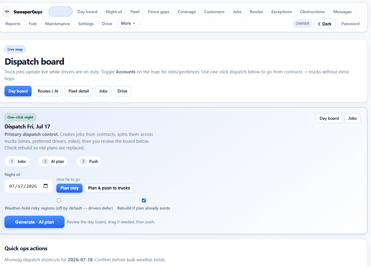 AI street sweeping dispatch planner Generate AI plan for HOA and construction routes Sweeper Guys software