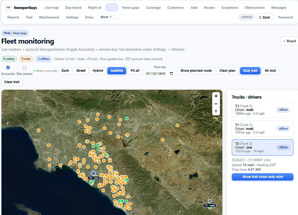 Fleet monitoring map showing hundreds of HOA and commercial sites geofences Orange County Sweeper Guys platform